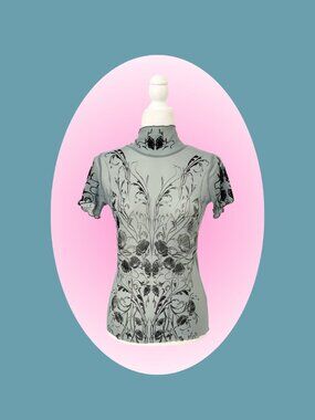 vintage widow sheer teal mock neck tee with black velour floral graphics